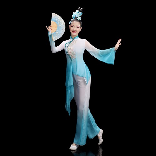 Women girls turquoise gradient chinese folk dance dresses fan umbrella dance costumes fairy princes performance costumes for female